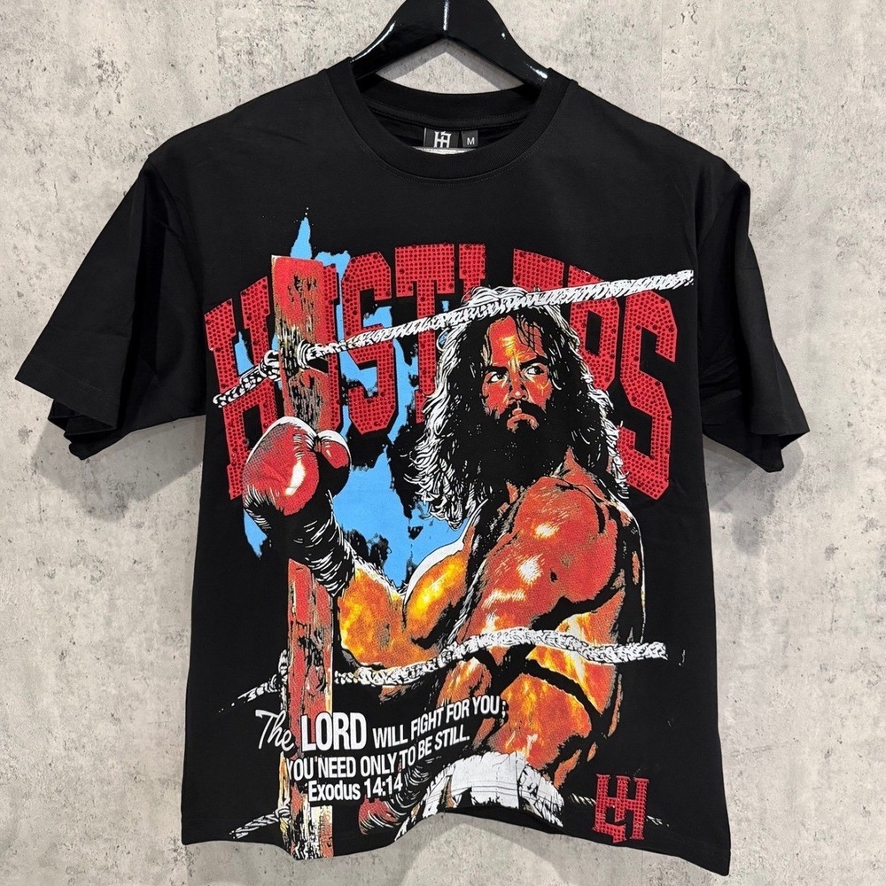 Hustlers Only Mens Christian Boxing Graphic T-Shirt Black Exodus 14:14 Size M